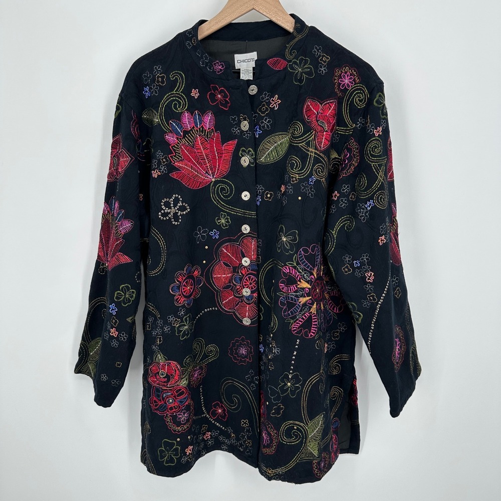 Chico's Jacket Womens L/3 Black Embroidered Floral Beaded Cotton Longline Blazer